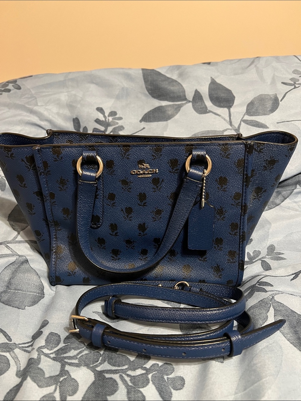 Coach Navy Floral Mini Tote with Removable Strap